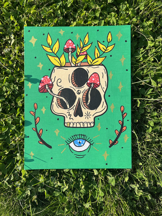 9x12 Green Mushroom Skull Painting